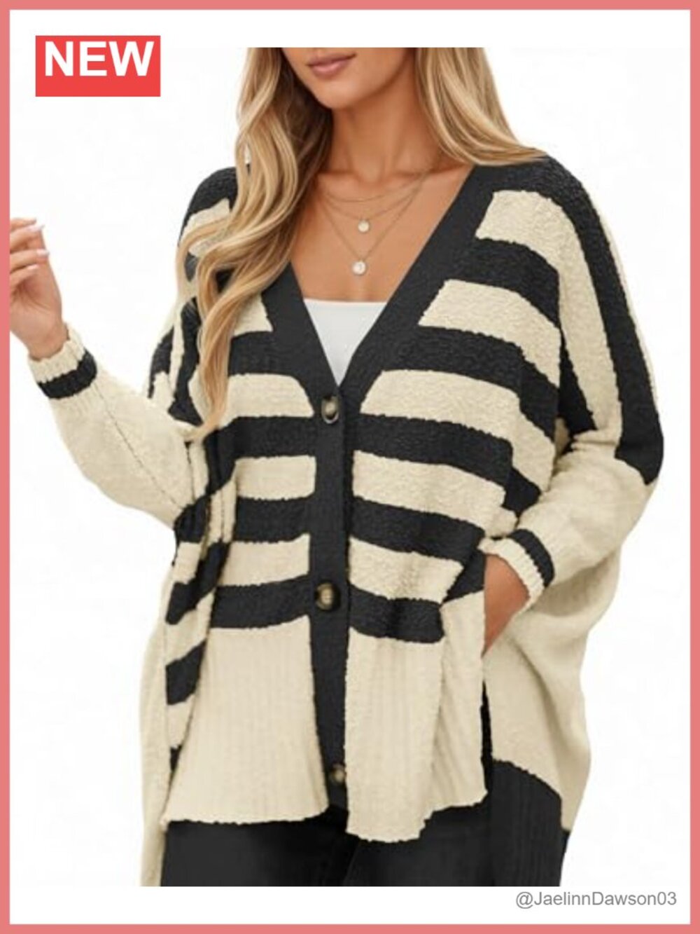 Oversized Striped Fuzzy Knit V-Neck Cardigan Sweater